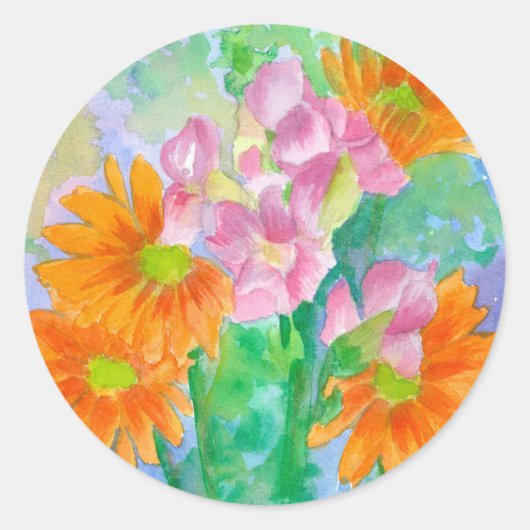 Daisy Snapdragons Waterverf Oranje roze bloemen Ronde Sticker (Voorkant)