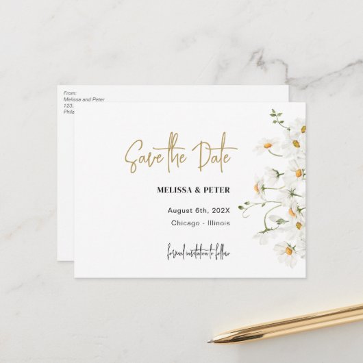 Daisy spring blooms save the date briefkaart (Voorkant / Achterkant in situ)