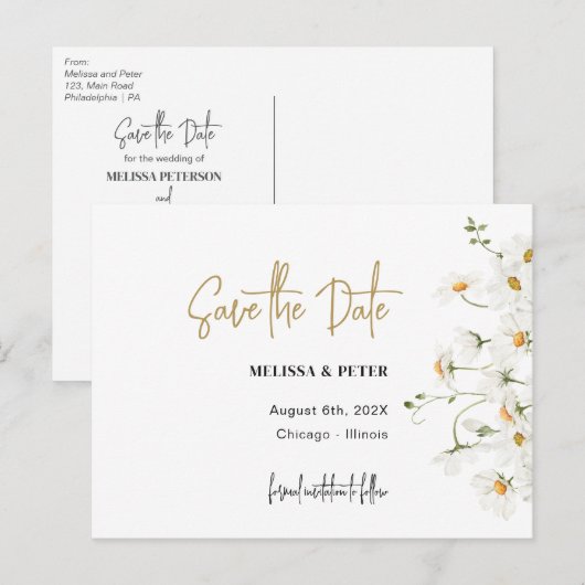 Daisy spring blooms save the date briefkaart (Voorkant / Achterkant)