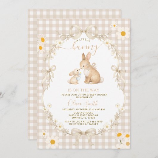 Daisy Spring Neutral Gingham Bunny Baby Shower Kaart (Voorkant / Achterkant)