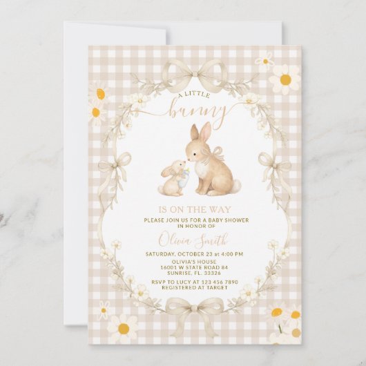 Daisy Spring Neutrale Gingham Konijn Baby Shower Kaart (Voorkant)