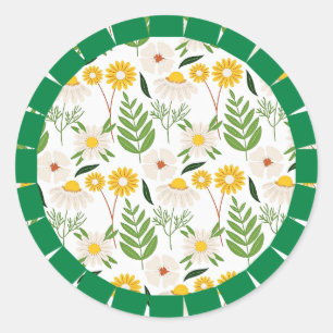 Daisy Springtime Pattern, groen lijst, Ronde Sticker
