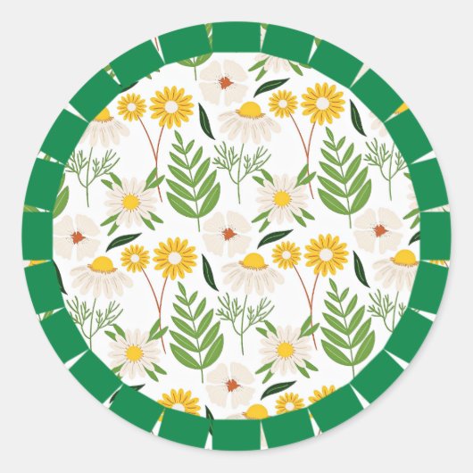 Daisy Springtime Pattern, groen lijst, Ronde Sticker (Voorkant)
