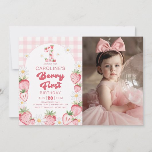 Daisy Strawberry Berry eerste foto 1e verjaardag Kaart (Voorkant)