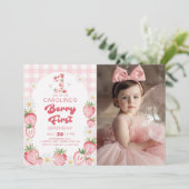 Daisy Strawberry Berry eerste foto 1e verjaardag Kaart (Staand voorkant)