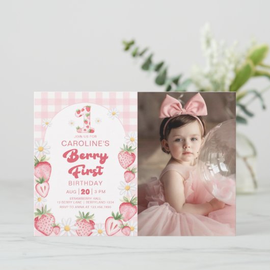 Daisy Strawberry Berry eerste foto 1e verjaardag Kaart (Staand voorkant)