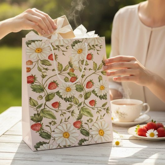 Daisy Strawberry Floral Pattern Light Pink Botanic Medium Cadeauzakje