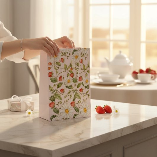 Daisy Strawberry Floral Pattern Light Pink Botanic Medium Cadeauzakje