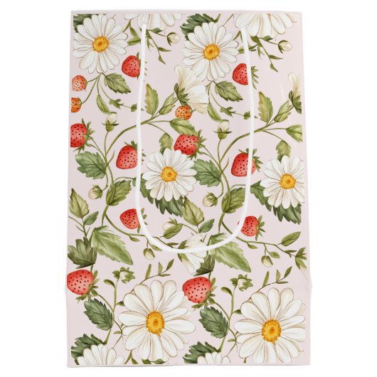 Daisy Strawberry Floral Pattern Light Pink Botanic Medium Cadeauzakje (Achterkant)