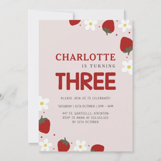 Daisy Strawberry Light Grey 3e zomerverjaardag Kaart (Voorkant)