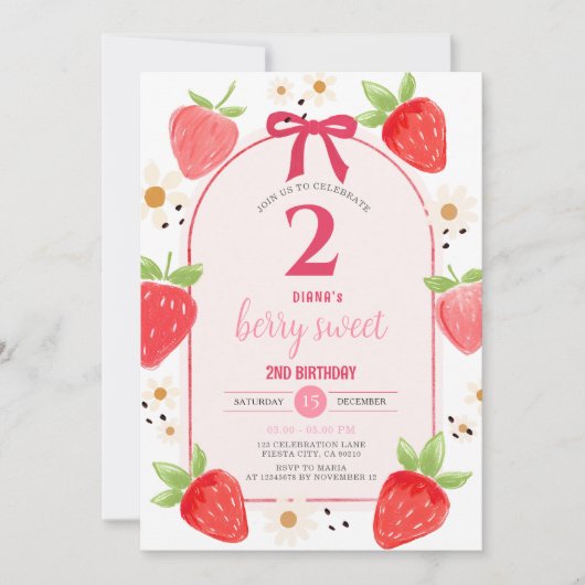 Daisy Strawberry Second Birthday Party Invite Kaart (Voorkant)