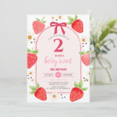 Daisy Strawberry Second Birthday Party Invite Kaart (Staand voorkant)