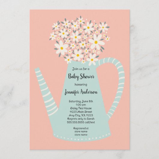 Daisy Teapot Baby Shower Invitation Kaart (Voorkant)