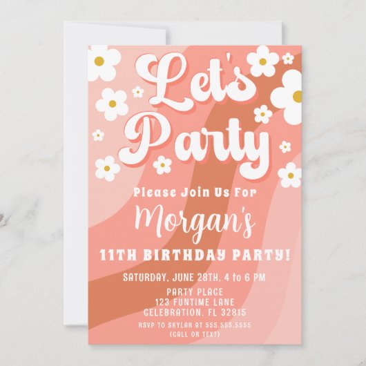 Daisy Terracotta Peach Retro Verjaardagsuitnodigin Kaart (Voorkant)