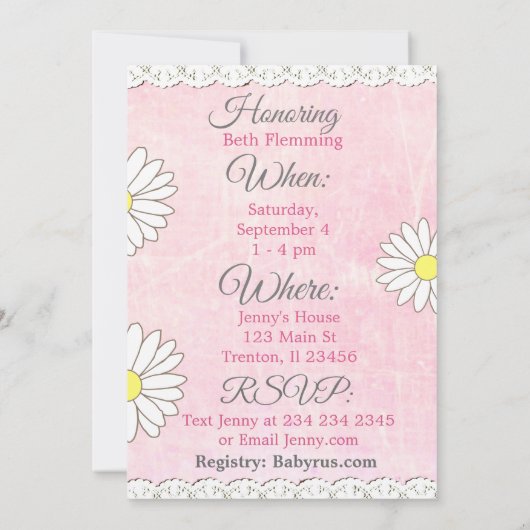 Daisy Theme Girl's Baby shower Invitation Kaart (Achterkant)