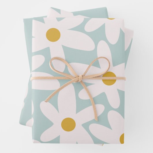 Daisy Time Cute Retro Floral Pattern Ice Blue Inpakpapier Vel (In situ)