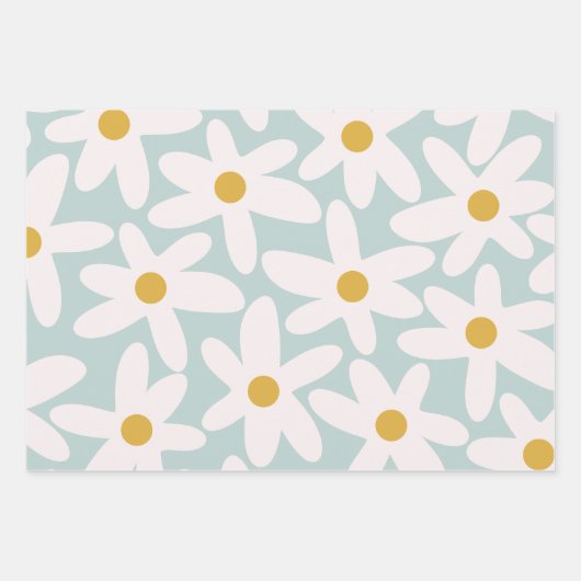 Daisy Time Cute Retro Floral Pattern Ice Blue Inpakpapier Vel (Voorkant)