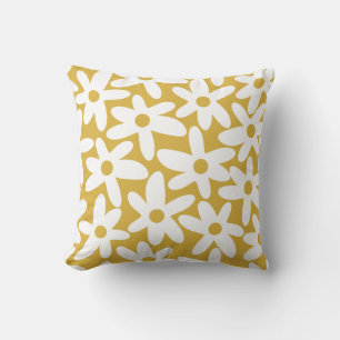 Daisy Time Cute Retro Floral Pattern Mustard White Kussen
