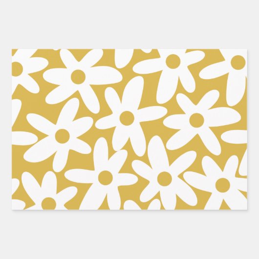 Daisy Time Cute Retro Modern Flowers in Mustard Inpakpapier Vel (Voorkant)
