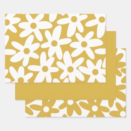 Daisy Time Cute Retro Modern Flowers in Mustard Inpakpapier Vel (Set)