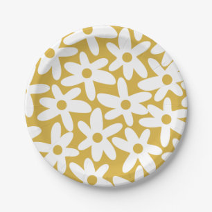 Daisy Time Cute Retro Modern Flowers in Mustard Papieren Bordje