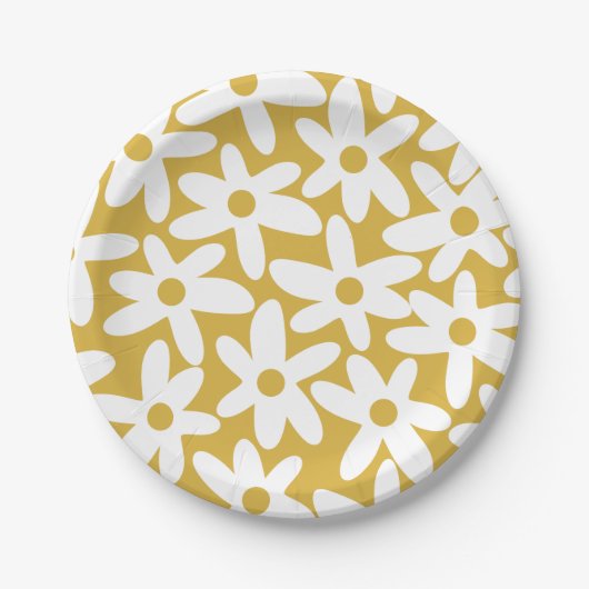 Daisy Time Cute Retro Modern Flowers in Mustard Papieren Bordje (Voorkant)