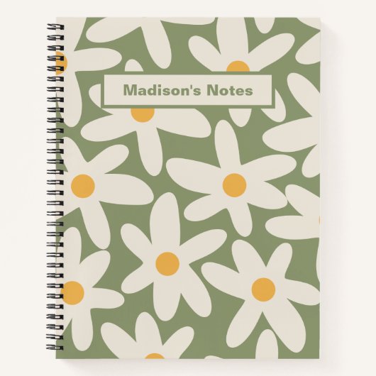 Daisy Time Retro Bloem Patroon Sage Groen Notitieboek (Voorkant)