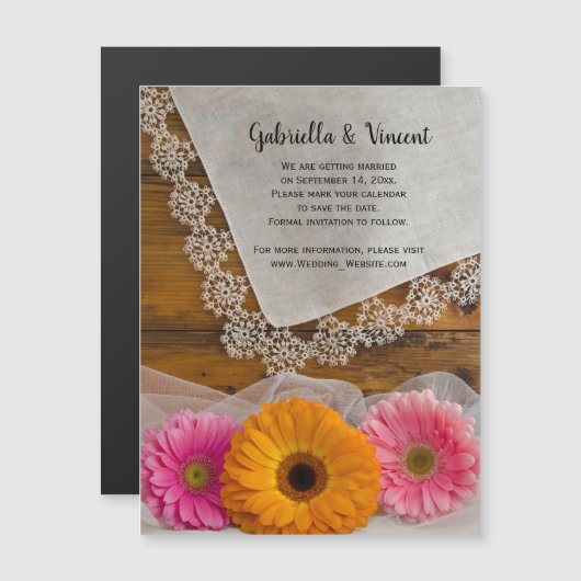 Daisy Trio en Lace Country Wedding Save the Date Magnetische Uitnodiging (Voorkant / Achterkant)