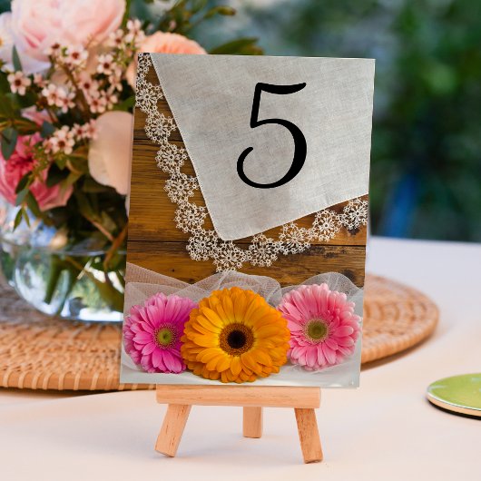 Daisy Trio en Lace Country Wedding Table Numbers Kaart