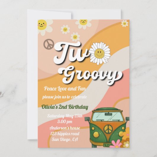 Daisy Two Groovy Birthday Invitation, 70 s verjaar Kaart (Voorkant)