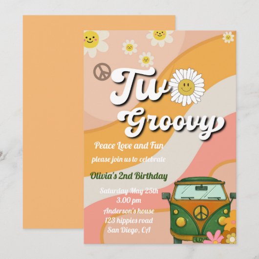 Daisy Two Groovy Birthday Invitation, 70 s verjaar Kaart (Voorkant / Achterkant)