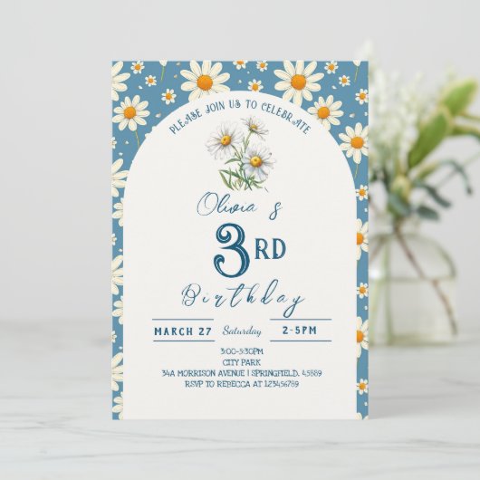 Daisy verjaardagsfeestje in blauw kaart (Staand voorkant)