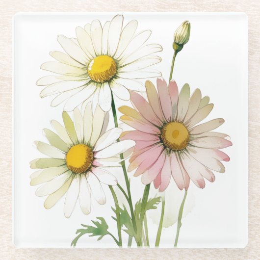Daisy Waterverf Flower Modern Professional Glazen Onderzetter (Voorkant)