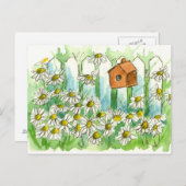 Daisy Waterverf Flowers Bird House Briefkaart (Voorkant / Achterkant)