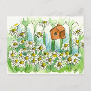 Daisy Waterverf Flowers Bird House Briefkaart