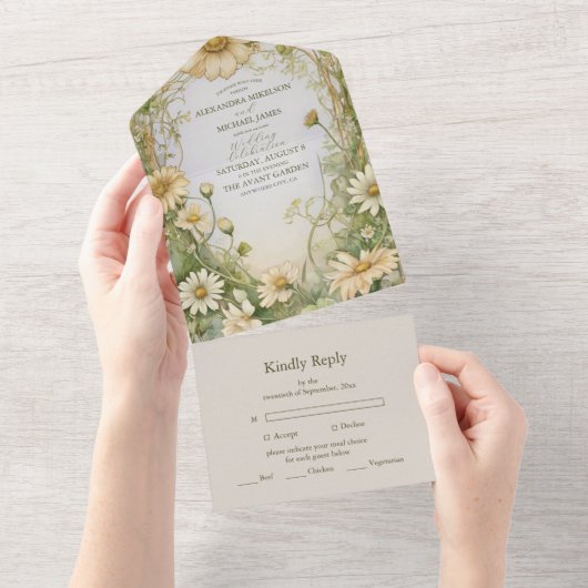 Daisy Wedding Art Nouveau All In One Uitnodiging (Afscheurbaar)