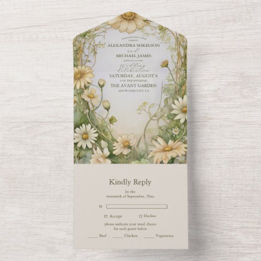Daisy Wedding Art Nouveau All In One Uitnodiging (Binnen)