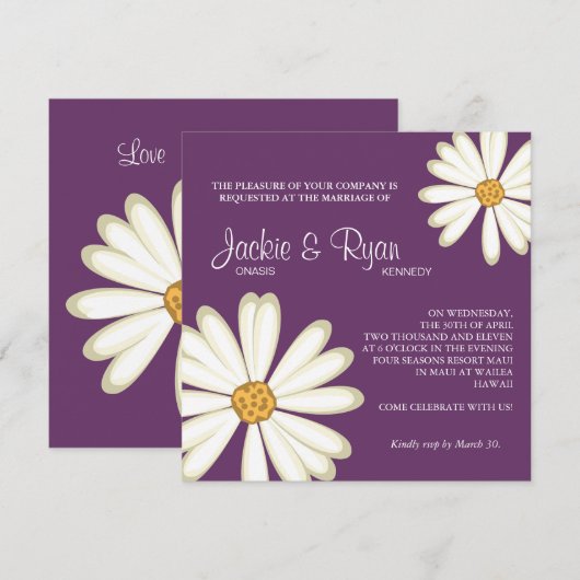 Daisy Wedding Invitation Flower White paars Kaart (Voorkant / Achterkant)