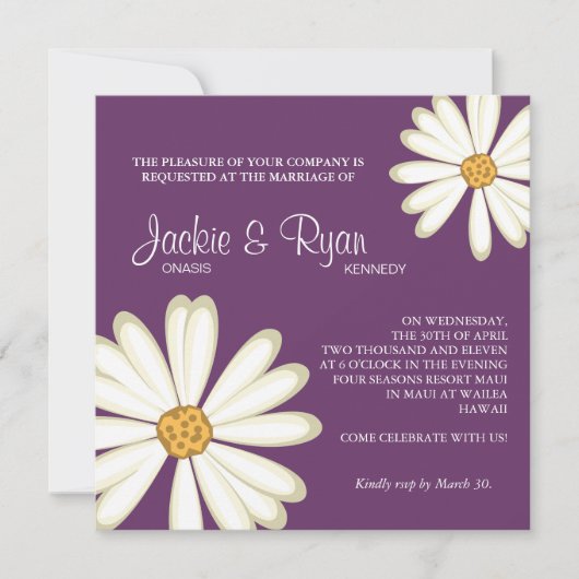 Daisy Wedding Invitation Flower White paars Kaart (Voorkant)