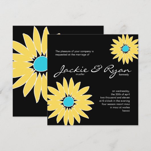 Daisy Wedding Uitnodiging Black Yellow Blue (Voorkant / Achterkant)
