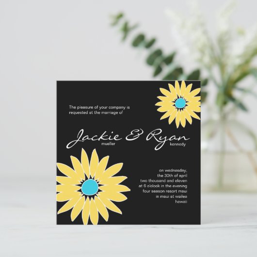 Daisy Wedding Uitnodiging Black Yellow Blue (Staand voorkant)