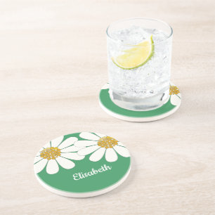 Daisy-white floral desing personalize name zandsteen onderzetter