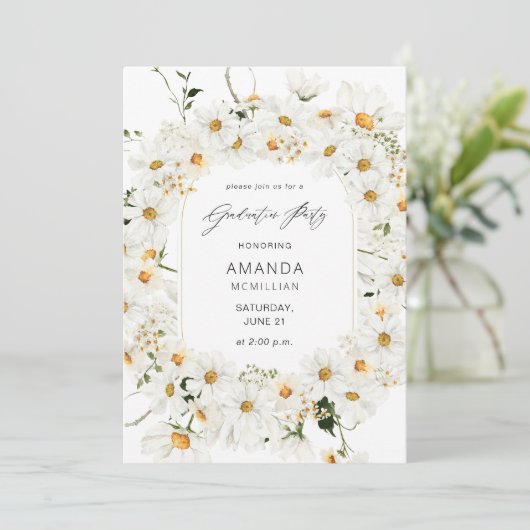 Daisy White Floral Graduation Party Kaart (Staand voorkant)