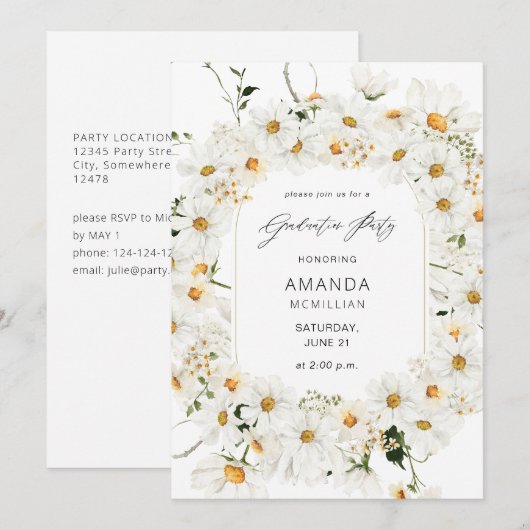 Daisy White Floral Graduation Party Kaart (Voorkant / Achterkant)