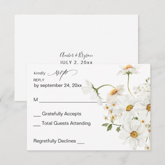 Daisy White Floral no Meal RSVP 4 Kaartje (Voorkant / Achterkant)