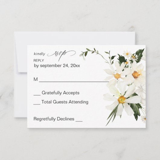Daisy White Floral no Meal RSVP Kaartje (Voorkant)