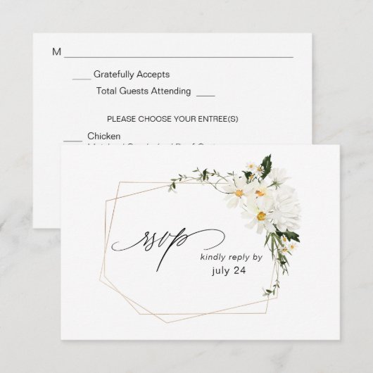 Daisy White Floral w Meal RSVP Card (Voorkant / Achterkant)