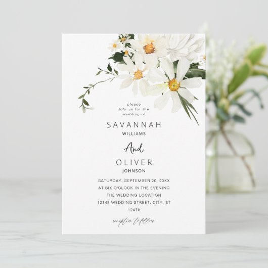 Daisy White Floral Wedding Invitation V2 Kaart (Staand voorkant)