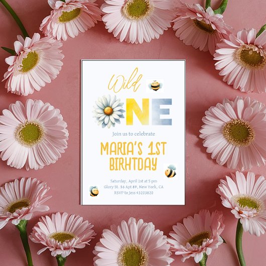 Daisy Wild Een 1e Meisje Verjaardagsfeest Uitnodig Kaart