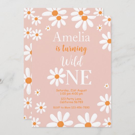 Daisy Wild One Uitnodiging Meisje 1e Verjaardag Ui (Voorkant / Achterkant)